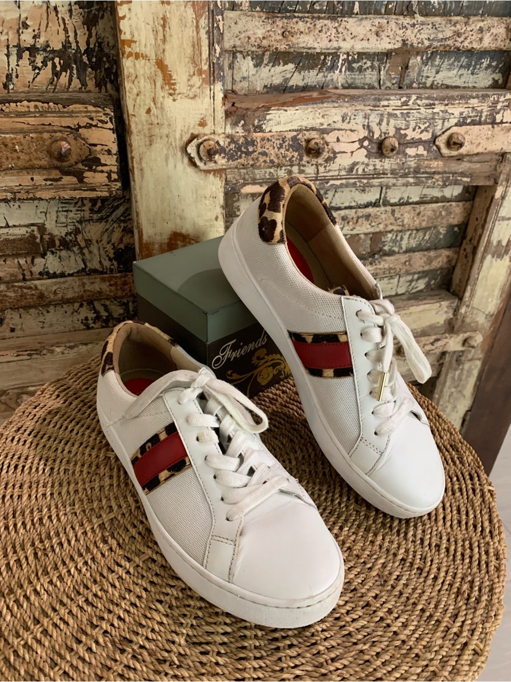 Michael Kors Irving Women’s White Leather Sneakers Stripe Leopard & Calf, 7.5